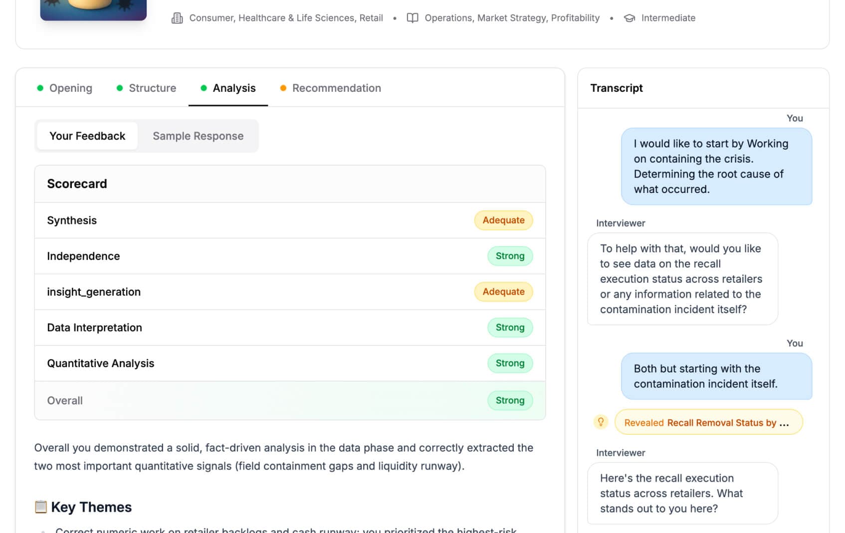 CaseTutor feedback scorecard with performance metrics