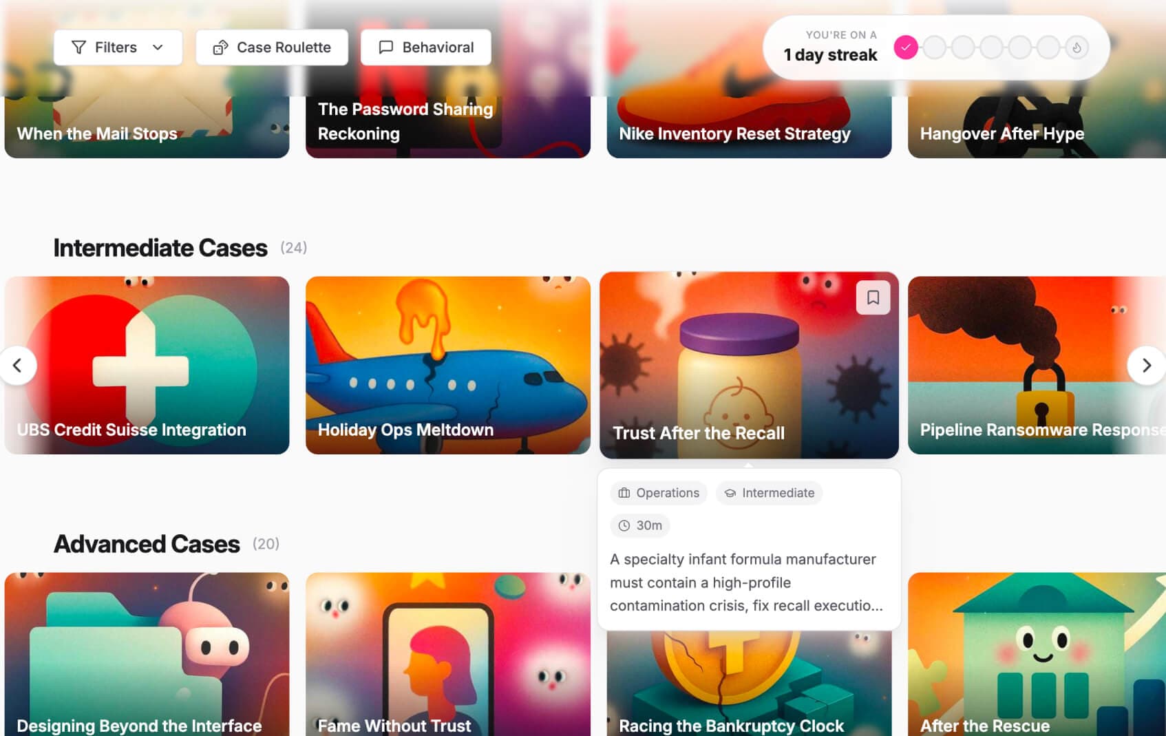 CaseTutor case library showing various case studies