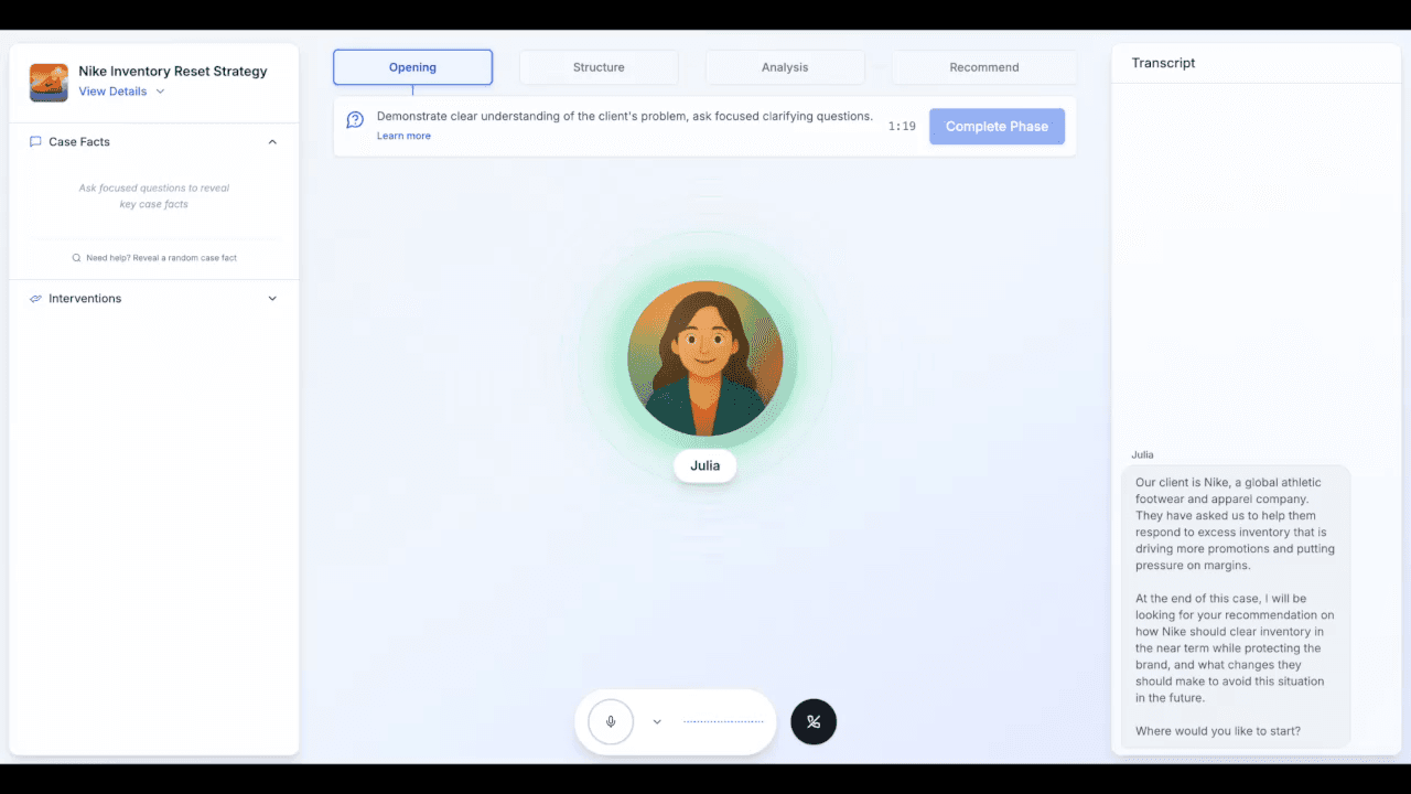 Case interview practice interface for realistic simulations