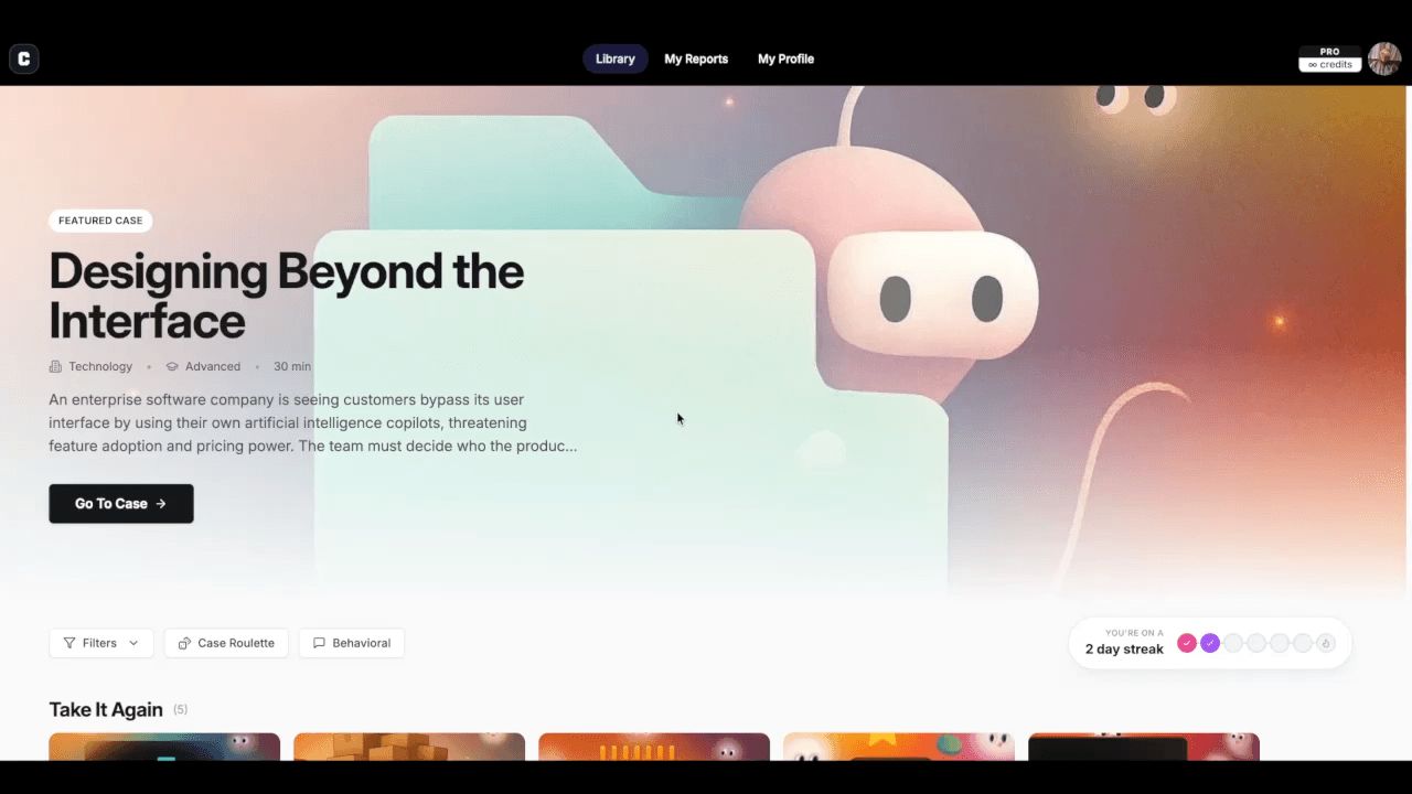 Case interview practice study selection interface