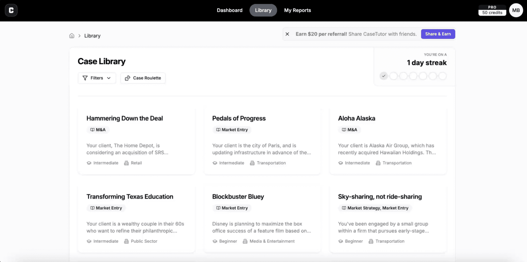 Case interview practice study selection interface
